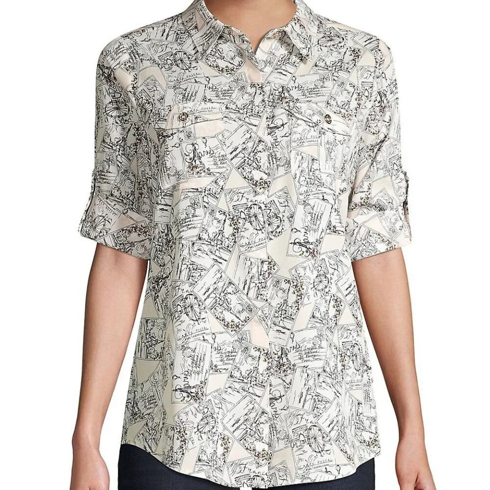 Karl Lagerfeld Womens Size Large Paris Whimsical Roll Sleeve Blouse
